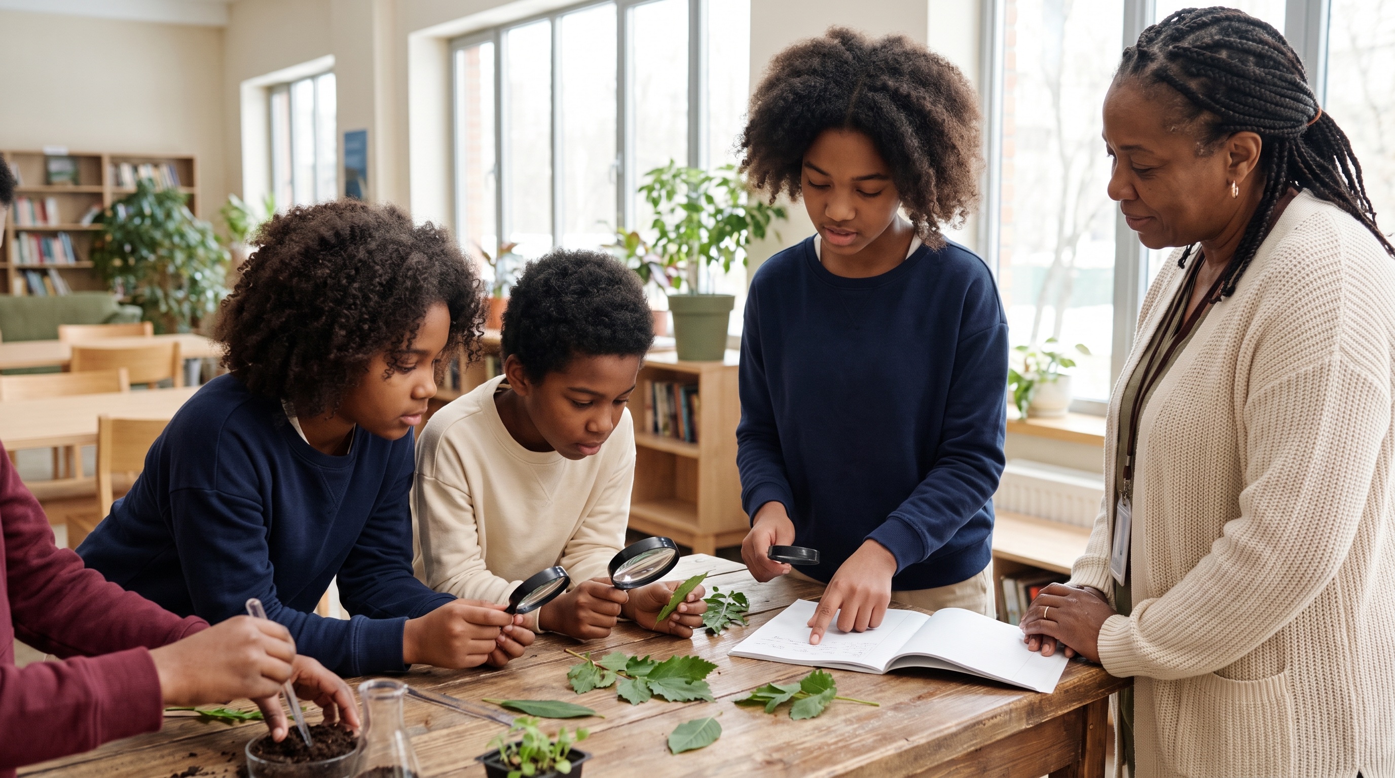 AI-generated illustration of Black learners exploring plants with an educator