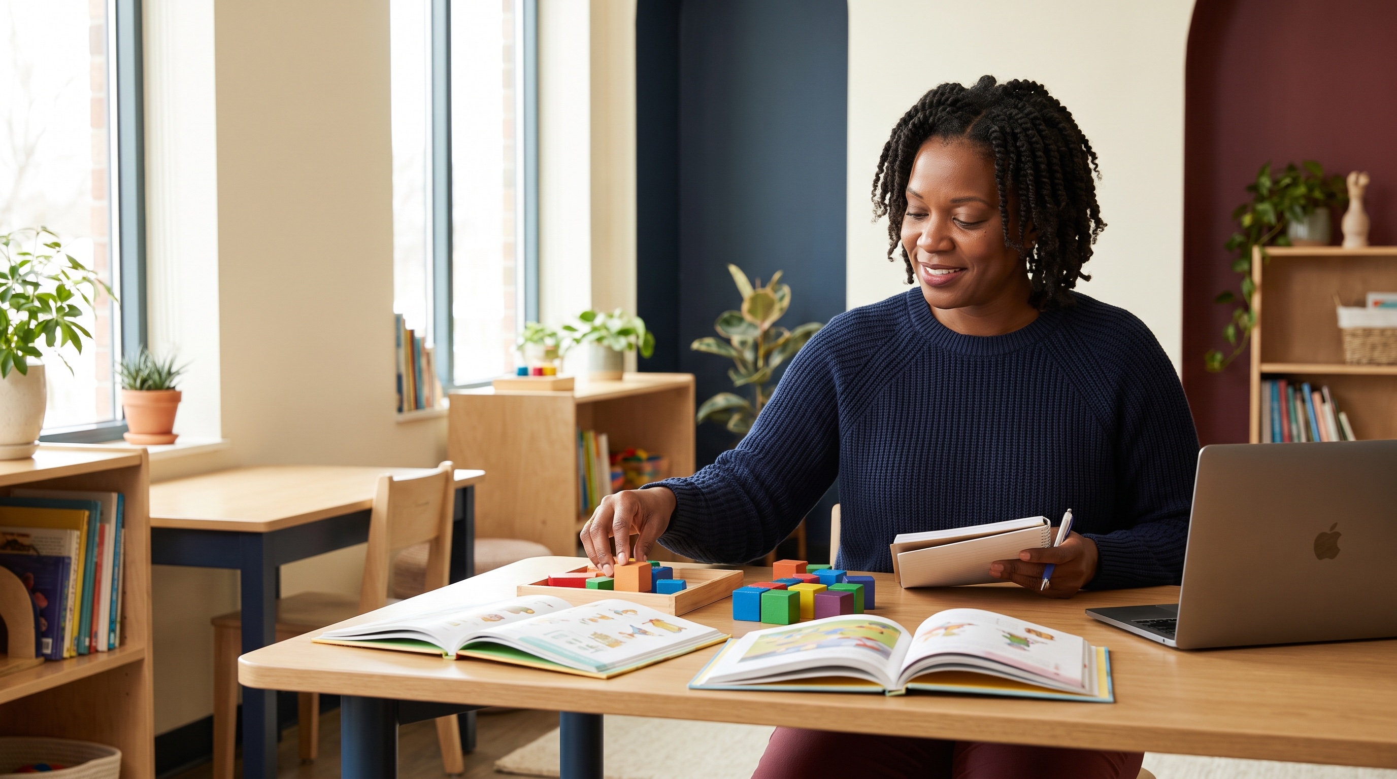 AI-generated illustration of a Black educator preparing hands-on learning materials