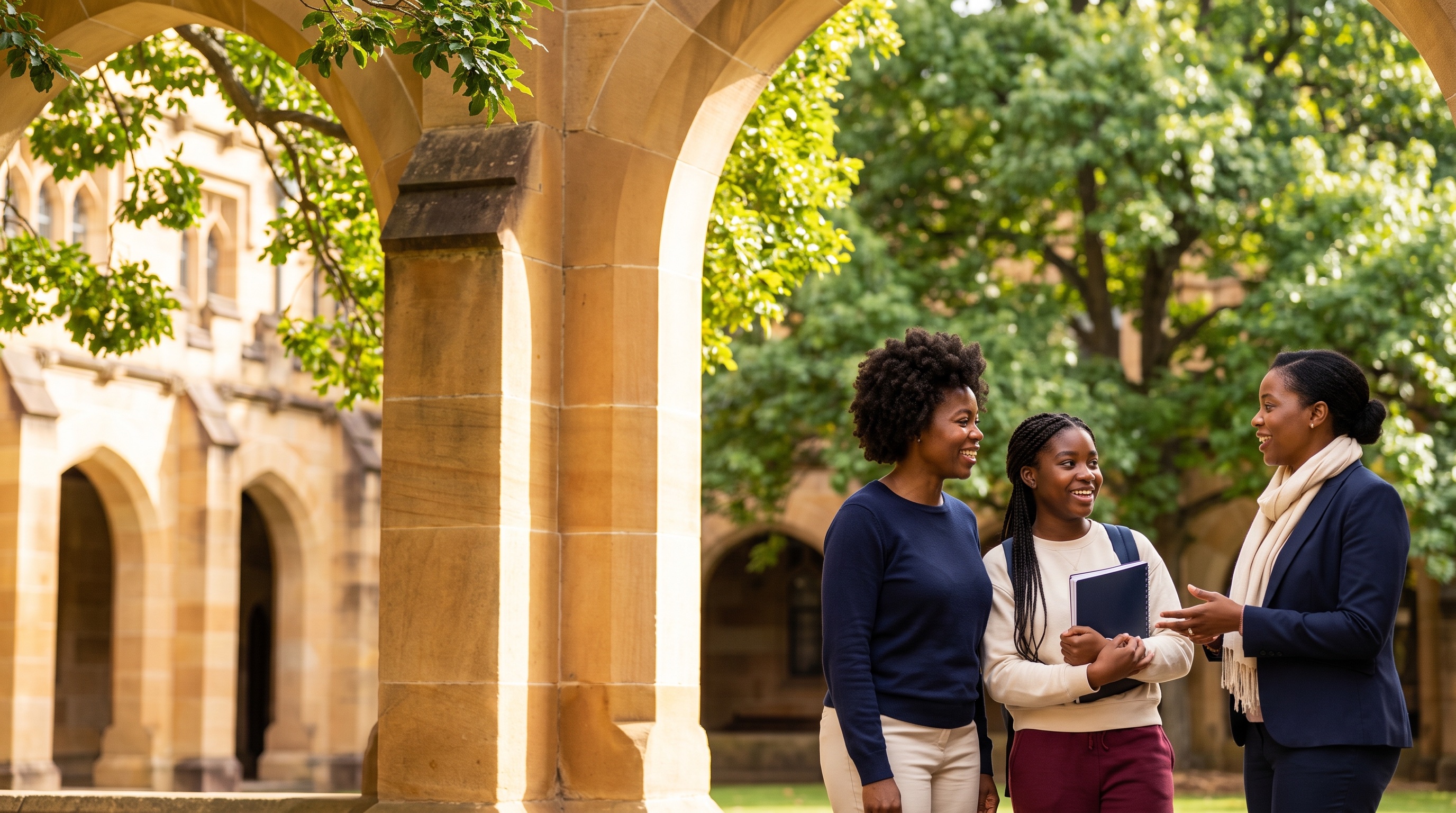 AI-generated illustration of a Black family exploring a university courtyard with an educator